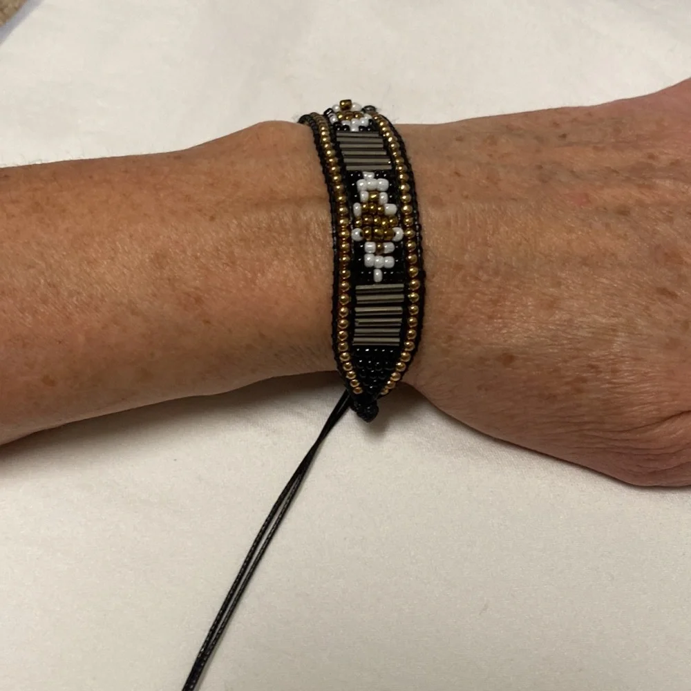 Gold black white and silver beads on black cord Adjustable Size Bracelet. - Picture 4 of 5